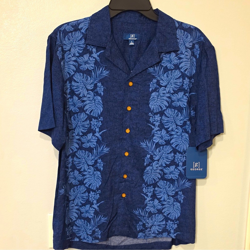 George Men's Woven Viscose Short Sleeve Button-Up Camp Collar Tropical S #124